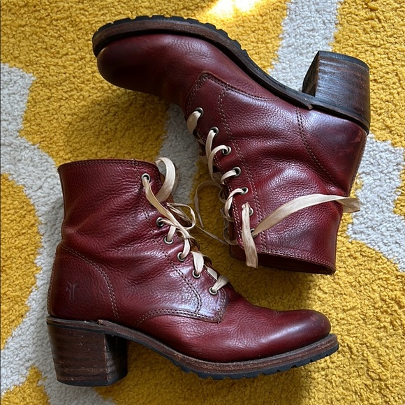 Frye Shoes - Frye Burgundy Lace-Up Leather Ankle Boots